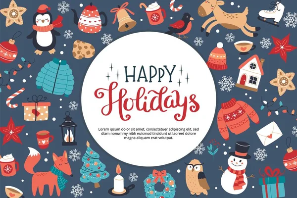 Happy holidays greeting card or banner with lettering and cute seasonal elements in circular shape. Hand drawn vector illustration — Stock Vector