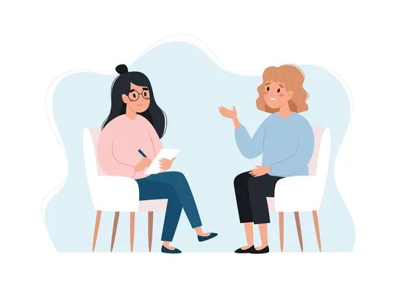 心理療法セッション-心理学者と話す女性.精神衛生の概念、フラットスタイルのベクトルイラスト — ストックベクタ