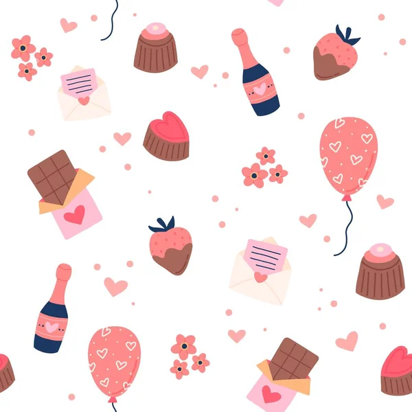Padrão do dia dos namorados com balões bonitos, morango, cartas de amor. Ilustração vetorial desenhada à mão — Vetor de Stock