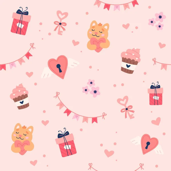 Валентинов день картина с милыми сердцами, кошками и гирляндами. Векторная иллюстрация — стоковый вектор