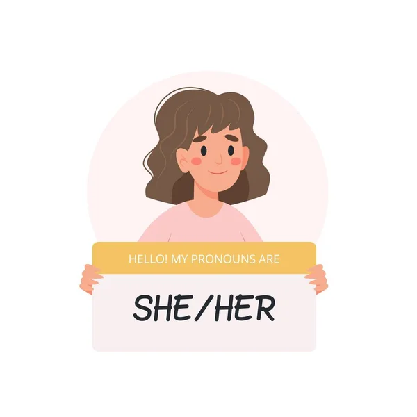 Kön pronomen - kvinna som håller skylt med pronomen, kvinnlig karaktär. Vektorillustration i platt stil — Stock vektor
