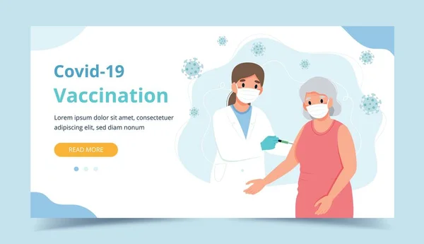 Vaccinatie voor ouderen, oudere vrouw en een arts met een injectiespuit. Banner webpagina template vector illustratie in platte cartoon stijl — Stockvector