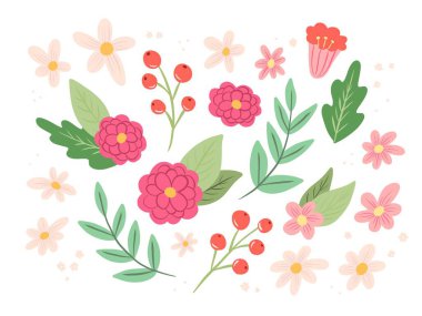 Yapraklı çiçek koleksiyonu, bahar çiçekleri, botanik elementler. El çizimi vektör illüstrasyonu.