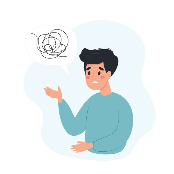 Concepto de salud mental - hombre hablando de sus problemas, pensamientos confusos. Ilustración vectorial en estilo plano — Archivo Imágenes Vectoriales