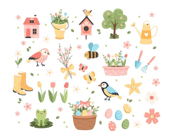 Coleção de elementos de primavera - pássaros bonitos, abelhas, flores, borboletas. Ovos de Páscoa. Elementos de desenhos animados planos desenhados à mão. Ilustração vetorial — Vetor de Stock