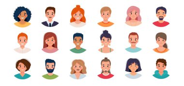 İnsanlar avatar seti. Çeşitli kadın ve erkeklerden oluşan bir grup. Düz biçimli illüstrasyon