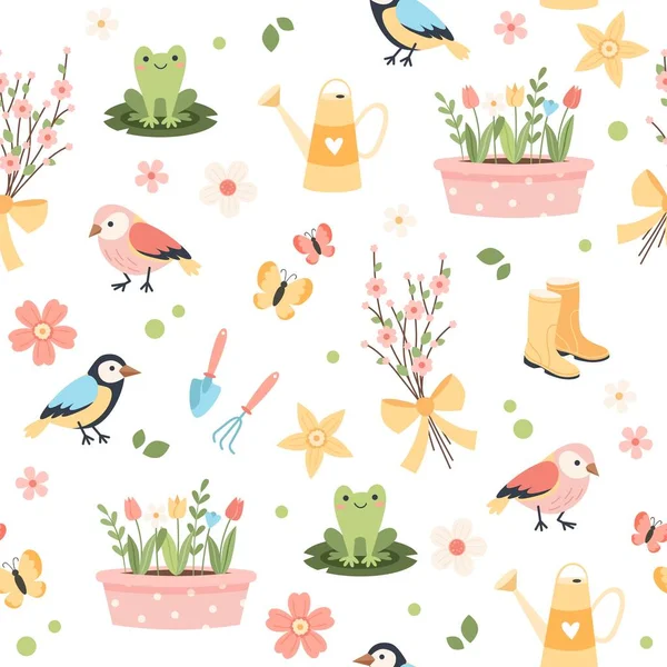 Padrão de flor de primavera - tulipas, pássaros e borboletas, ferramentas de jardinagem. Ilustração vetorial em estilo de desenho animado plano — Vetor de Stock