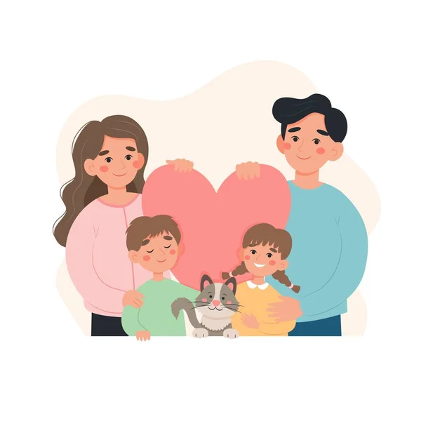 幸せな家族の概念。子供と猫を持つ親。フラット漫画スタイルでかわいいベクトルイラスト — ストックベクタ