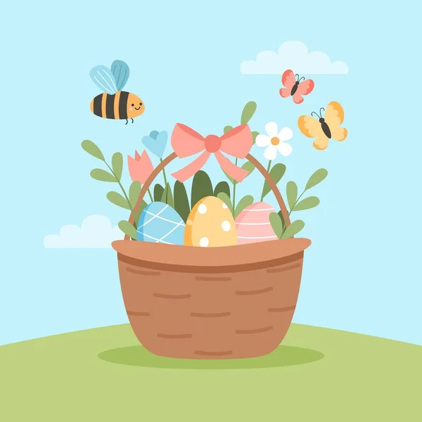 Easter egg basket with flowers, welcome spring card with cute elements. Hand drawn flat cartoon elements. Vector illustration — Stock Vector