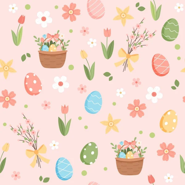 Modèle de Pâques de printemps avec des éléments mignons œufs décorés et fleurs. Illustration vectorielle en style dessin animé plat — Image vectorielle