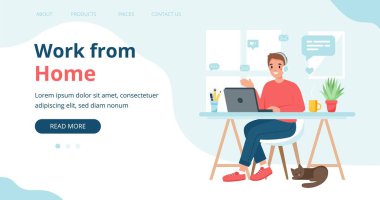 Ev iniş sayfası şablonu, evden ders çalışan bir adam, online öğrenci. Düz biçimdeki şirin vektör illüstrasyonu