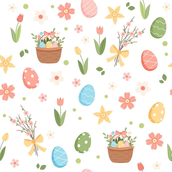 El patrón primaveral de Pascua con los elementos lindos - los huevos decorados y las flores. Ilustración vectorial en estilo plano de dibujos animados — Archivo Imágenes Vectoriales