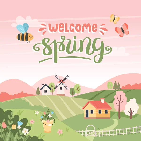 Welcome spring - landscape with trees, fields, houses and windmill. Hand drawn lettering. Easter background, countryside landscape. Vector illustration — Stock Vector
