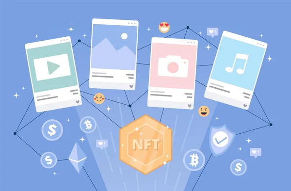 NFT token concept - digital goods trading. Crypto currency icons amd emoji icons. Vector illusration in flat cartoon style — ストックベクタ