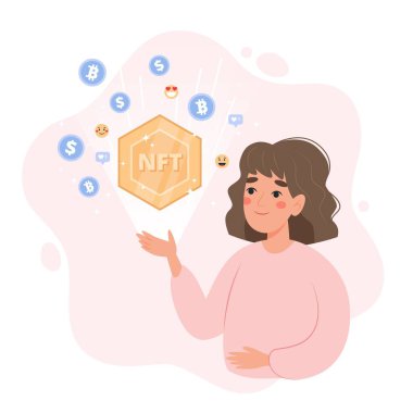 NFT hatıra konsepti. Elinde parası olmayan bir kadın. Değişik para birimi simgeleri ve emoji simgeleri. Çizgi film tarzında vektör yanılsaması