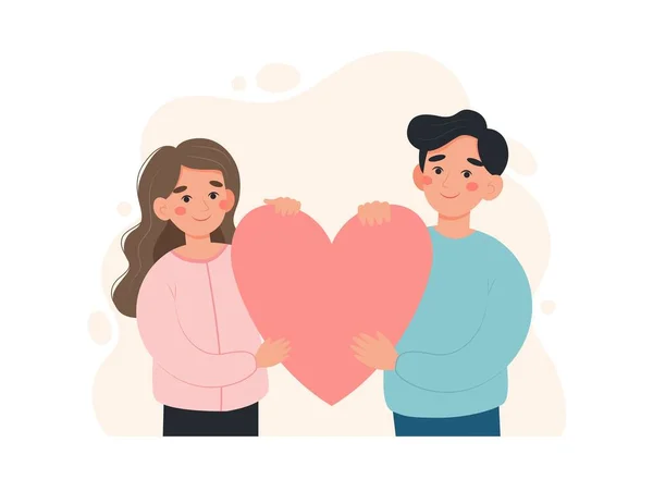 Konsep pasangan bahagia. Pria dan wanita memegang hati yang besar. Ilustrasi vektor lucu dalam gaya kartun datar - Stok Vektor