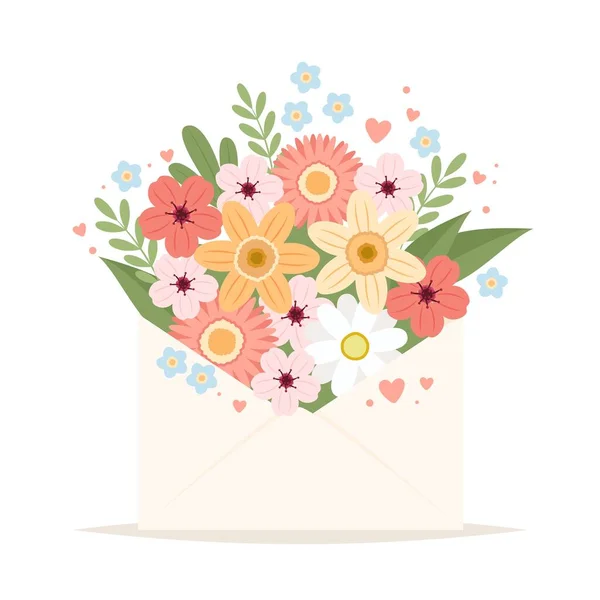 Flowers in envelope. Cute postcard or greeting card template. Vector illustration in flat cartoon style — Vetor de Stock