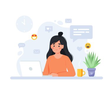 Bilgisayarla çalışan kadın, ev ofisi, öğrenci ya da serbest çalışan. Müşteri hizmetleri, çağrı merkezi ve destek. Düz biçimdeki sevimli konsept vektör çizimi