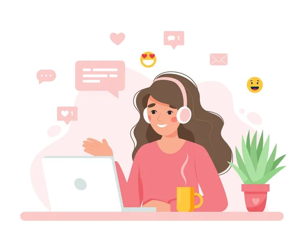 Woman working with computer, home office, student or freelancer. Customer service, call center and support. Cute concept vector illustration in flat style — стоковый вектор