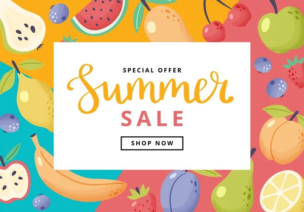 Summer sale banner with fruits. Hand drawn cute fruits and lettering. Vector illustration colorful template in flat cartoon style — Stock Vector