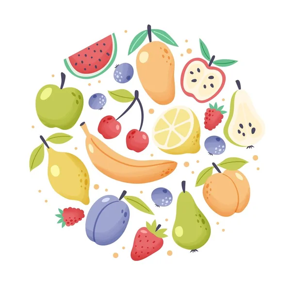 Coleção de frutas de verão, elementos sazonais em forma circular. Frutas tropicais e de jardim frescas doodle, alimentos biológicos vegan orgânicos. Desenho animado bonito ilustração vetorial — Vetor de Stock
