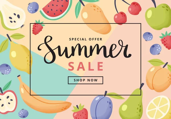 Summer sale banner with fruits. Hand drawn cute fruits and lettering. Vector illustration colorful template in flat cartoon style — Stock Vector