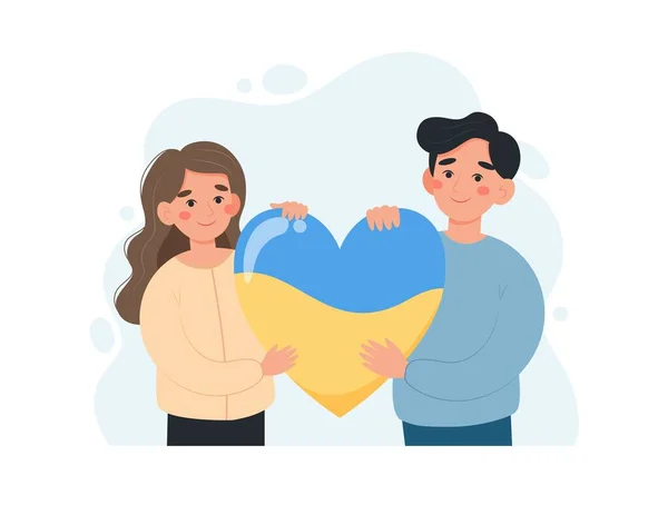 Apoya Ucrania Mujer Hombre Sosteniendo Corazón Con Colores Bandera Ucraniana — Vector de stock