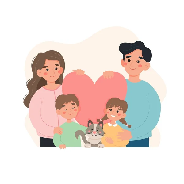 Happy Family Concept Parents Kids Cat Cute Illustration Flat Cartoon — Stock Photo, Image