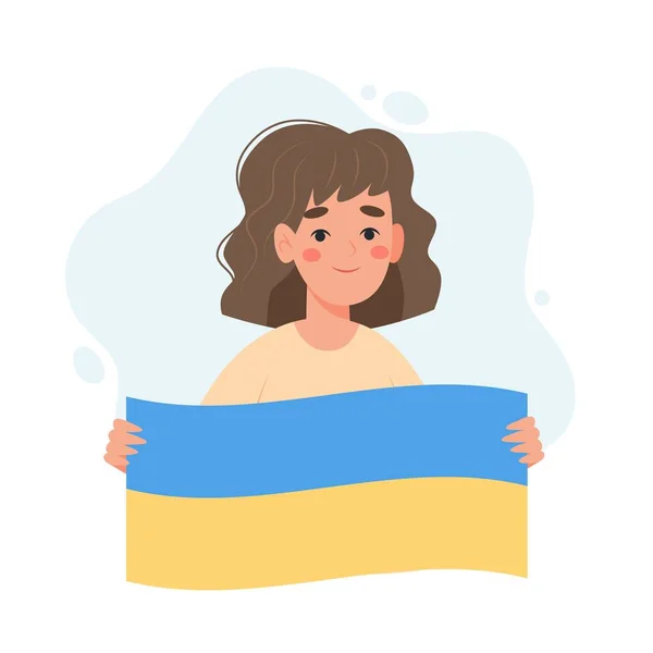 Apoie Ucrânia Mulher Segurando Bandeira Ucraniana Conceito Doação Voluntariado Ilustração —  Vetores de Stock
