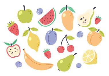 Yaz meyveleri koleksiyonu. Taze tropik meyve ve meyve karalamaları, organik biyolojik vejetaryen yiyecekler. Sevimli çizgi film vektörü