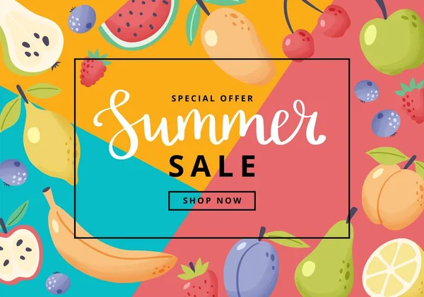 Summer Sale Banner Fruits Hand Drawn Cute Fruits Lettering Vector — Stock Vector