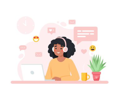 Bilgisayarla çalışan kadın, ev ofisi, öğrenci ya da serbest çalışan. Müşteri hizmetleri, çağrı merkezi ve destek. Düz biçimdeki sevimli konsept vektör çizimi