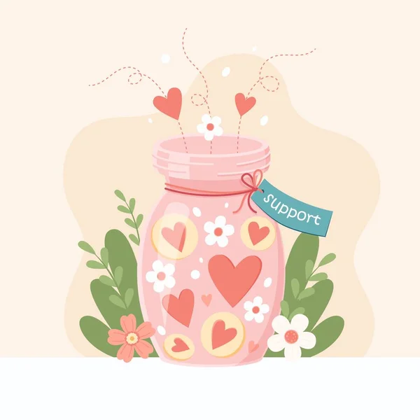 Support and charity concept. Glass jar with hearts inside. Helping others, donations, volunteering people. Cute illustration
