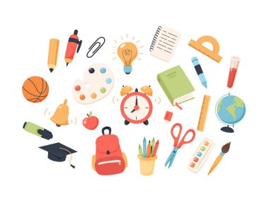 Çocuklar için malzeme toplamaya geri döndüm. Şirin renkli vektör çizimi düz çizgi film biçimi