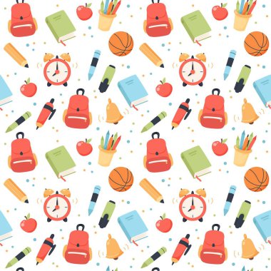 Okulun kusursuz bir düzeni var. Öğrenmek için malzeme ve ekipman. Şirin vektör çizimi düz çizgi film biçimi