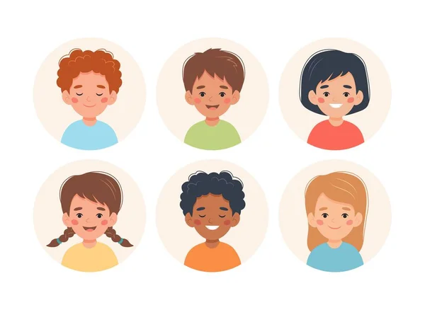 Children Set Little Boys Girls Different Nationalities Circle Avatars Vector — Vettoriale Stock
