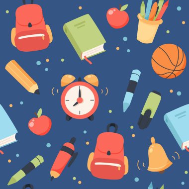 Okulun kusursuz bir düzeni var. Öğrenmek için malzeme ve ekipman. Şirin vektör çizimi düz çizgi film biçimi