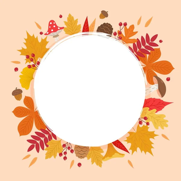 Autumn Leaves Frame Circular Shape Different Kind Leaves Copy Space — Vettoriale Stock