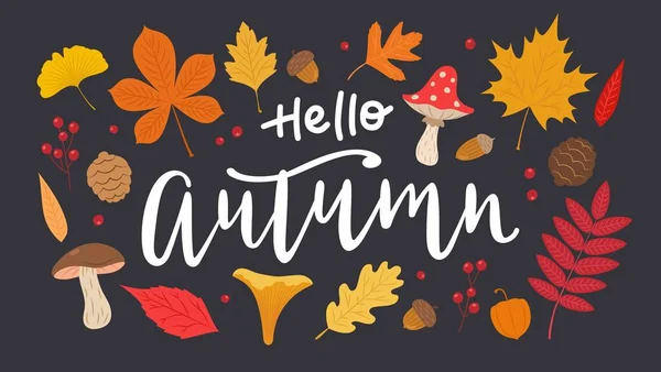 Autumn Leaves Set Cute Different Leaves Mushrooms Berries Acorns Fall — Vector de stock