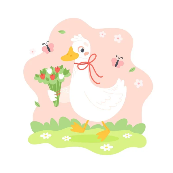 带着花的鹅春天的角色和蝴蝶一起在户外 有趣的季节矢量插图平面卡通风格 — 图库矢量图片