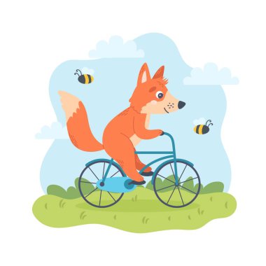 Tilki bisikleti. Yaz karakteri, açık hava aktivitesi. Düz çizgi film tarzında şirin mevsimsel vektör çizimi