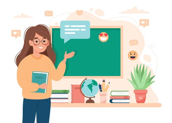 教室で女教師 学校や学習の概念は 教師の日 フラット漫画スタイルでかわいいベクトルイラスト — ストックベクタ