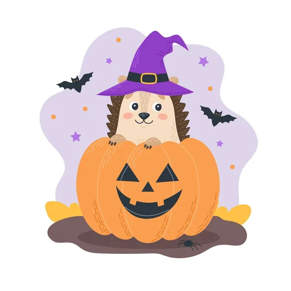 Hedgehog Lindo Personaje Halloween Con Sombrero Bruja Con Una Calabaza — Vector de stock