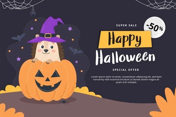 Banner Halloween Con Lindo Erizo Con Sombrero Bruja Con Una — Vector de stock