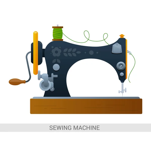 Vektorzeichnung Retro Nähmaschine Mit Einer Spule Aus Grünem Garn Zeichnen — Stockvektor