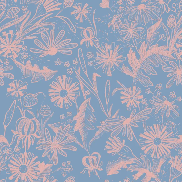 Απρόσκοπτο Μοτίβο Απλά Ροζ Λουλούδια Και Φύλλα Μπλε Φόντο Σχεδιασμός — Φωτογραφία Αρχείου