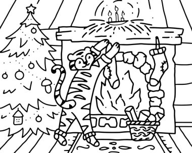 Vektör çizimi. Çocuk boyası. Bir kaplan, ahşap bir evdeki şöminenin üstüne çorap çorap asar..