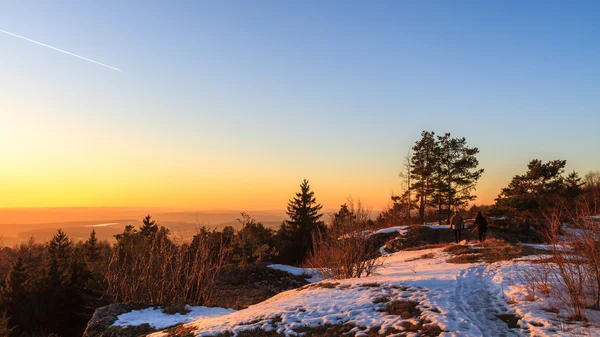 Jonge man met zijn hond op een vrije loop tegen de ondergaande zon van de winter in de bergen van Beieren. zonsondergang in de winter: begin maart winter landschap foto in Beieren, Duitsland — Stockfoto