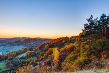 Idyllic Autumn Scenery with Colorful Orange Golden Trees near a lovely Country Road in the rocky Jura Mountains of Bavaria, Germany. Sunset in Fall with a wonderful clear sky in the rural countryside. clipart