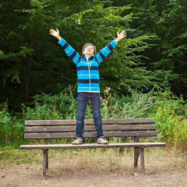 Pojke stående på en bänk i en skog — Stockfoto